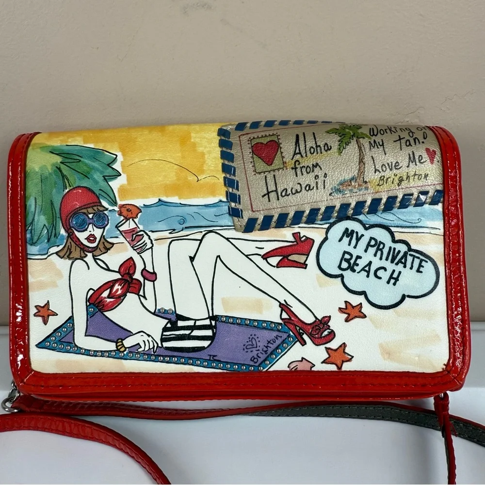 Vintage Brighton Hand Painted Leather Beach Art Crossbody Bag Purse